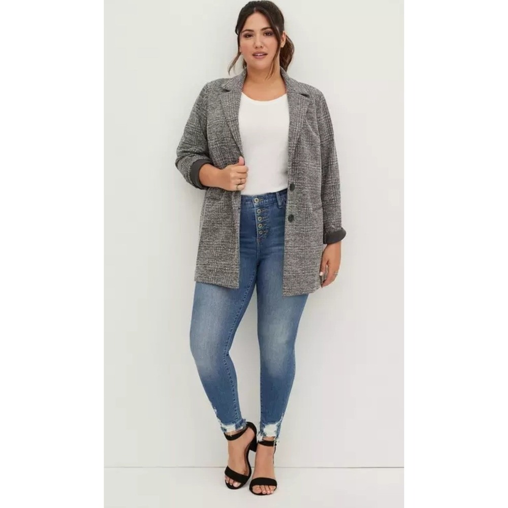 Torrid Knit Blazer Women Sz 1 Grey Black Plaid Longline 2-Button Career Jacket - Picture 14 of 15